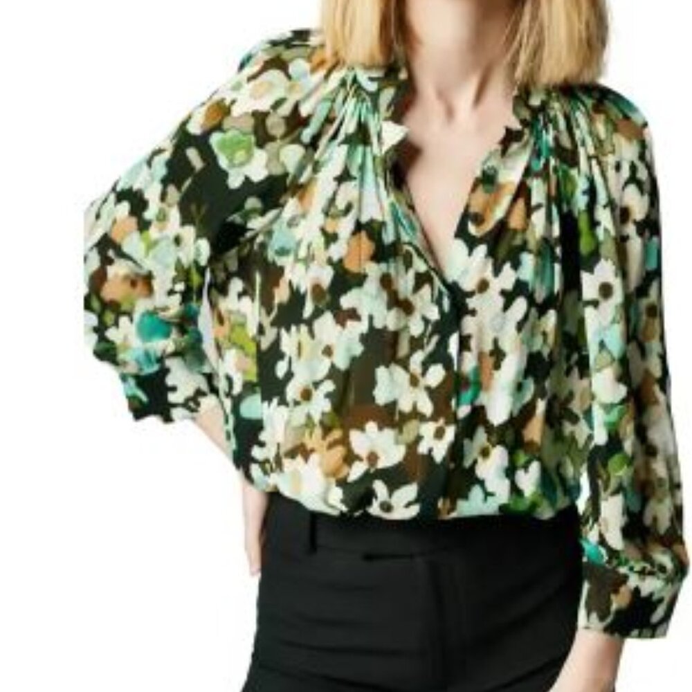 Smythe Gathered Forest Floral Blouse 3/4 Sleeves (M)